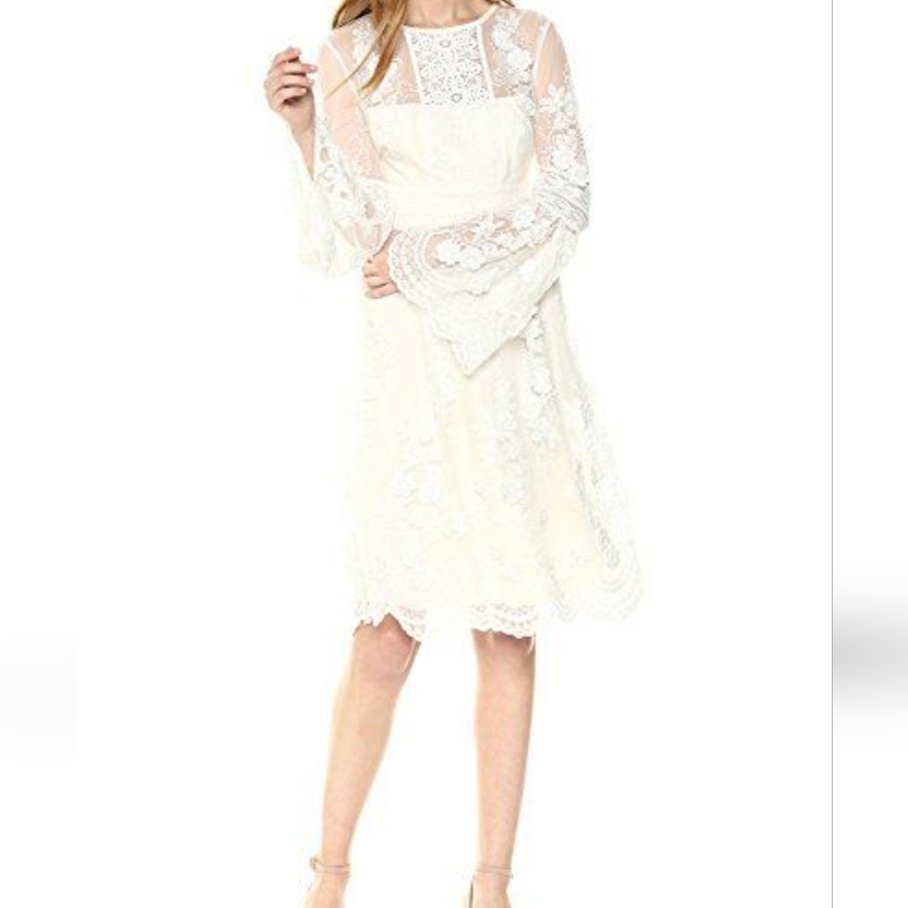 ML Monique Lhuillier Sz 4 Boho Bridal 3D Floral Mixed Lace Ivory Open Back Dress